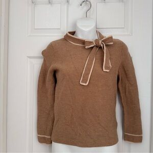 Zow Zow Women's Tan Size 2 Sweater  100% Wool Contrast-stitched Bow Neckline Tie